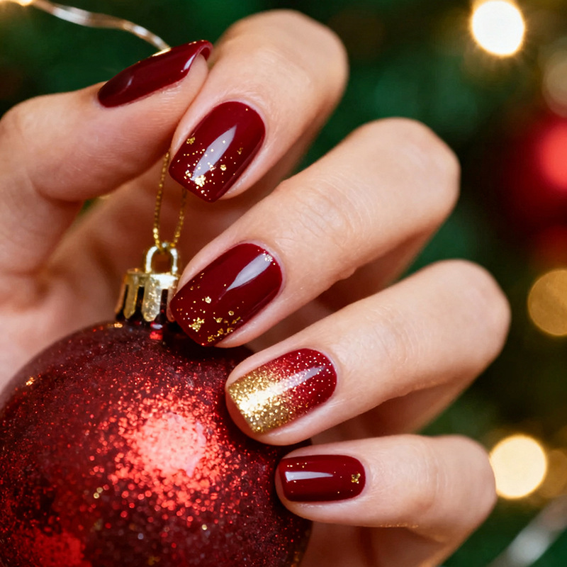 Nail Art Red Wine - ปลายเล็บปลอมสีแดงไวน์แบบเต็มเล็บ 24 ชิ้น เกรเดียนต์เงาประดับทอง ทรงบัลเลต์ กดติดง่าย