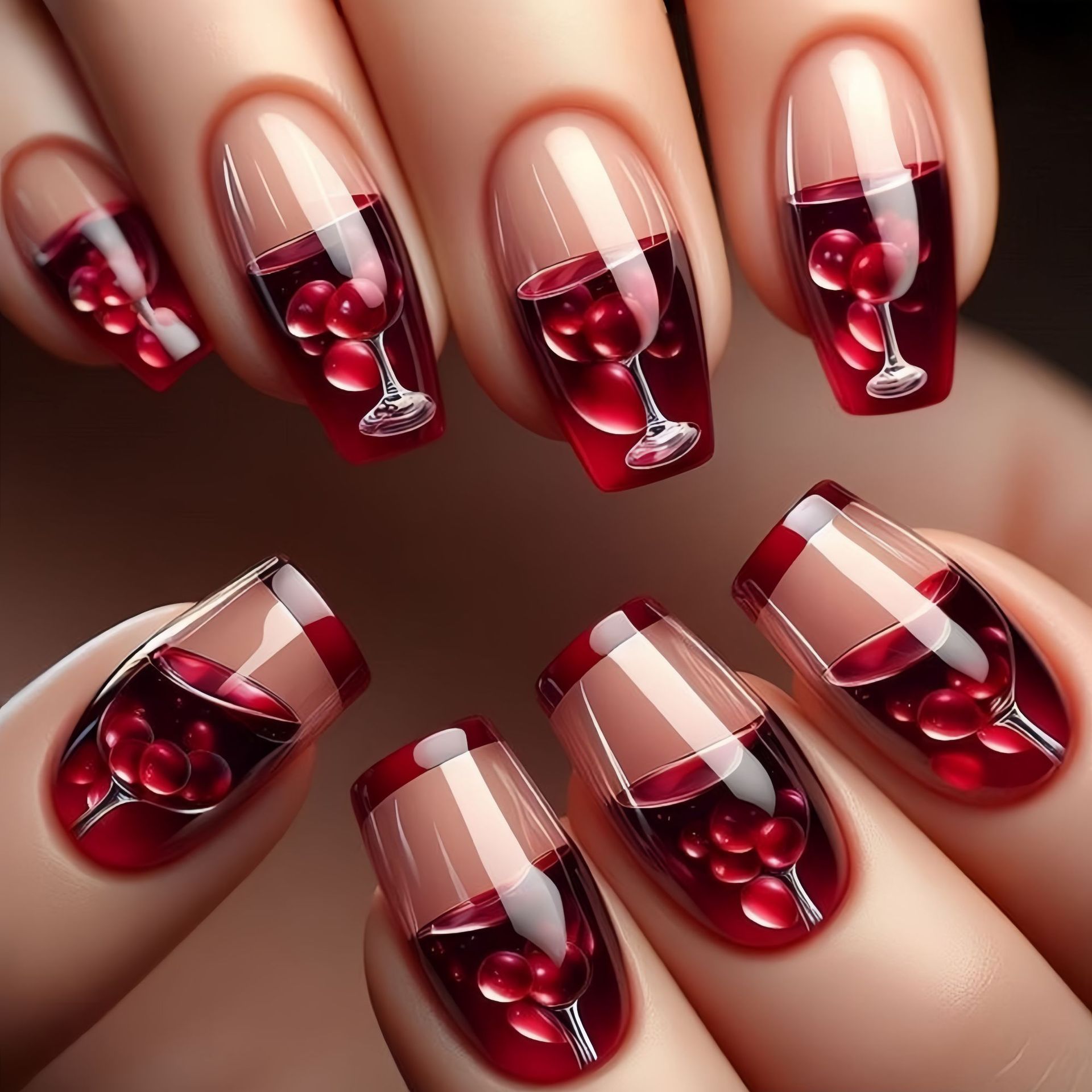 Nail Art Red Wine - เล็บปลอมแบบยาวปานกลางสำหรับผู้หญิงและเด็กผู้หญิง สีไล่ระดับแดงไวน์ แก้วหลากสี ผลไม้หลากสี แบบเต็มเล็บ ปลายเล็บทรงบัลเล่ต์