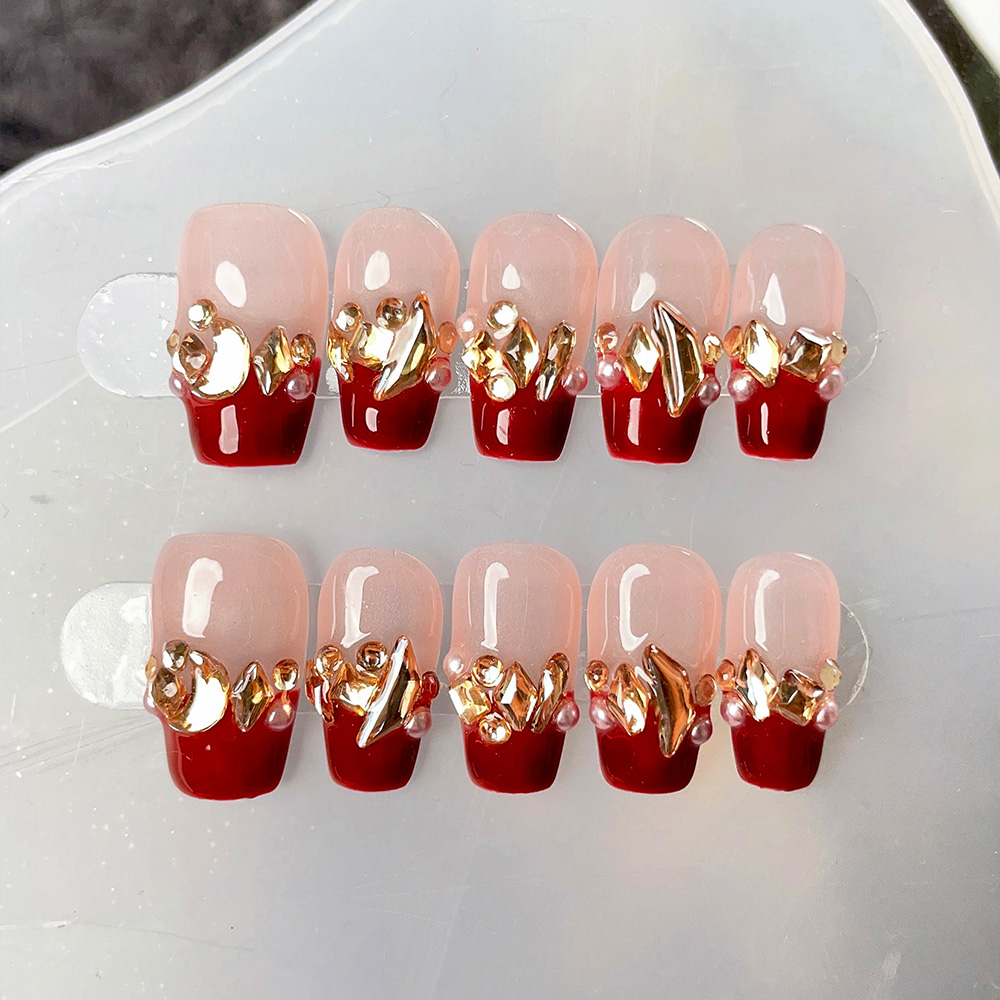 Nail Art Red Wine - ชุดเล็บปลอมแบบกดติด 10 ชิ้น รูปทรงสี่เหลี่ยมคางหมู สีแดงไวน์ งานแฮนด์เมด