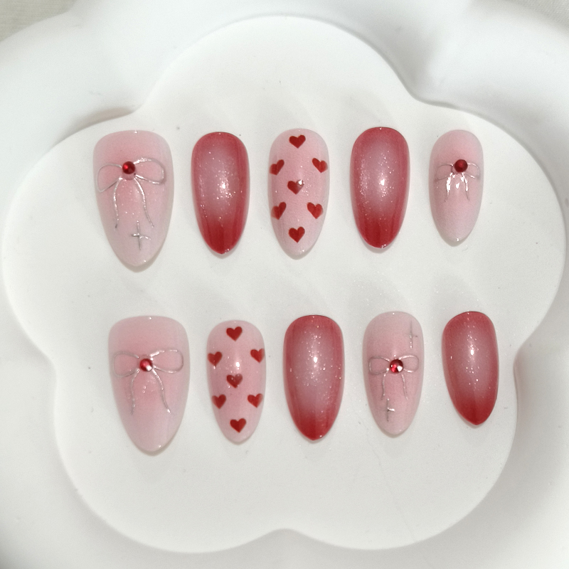 Nail Art French - สติกเกอร์ติดเล็บลายหัวใจน่ารัก 10 ชิ้น รูปทรงอัลมอนด์ สไตล์ฝรั่งเศส คุณภาพสูง