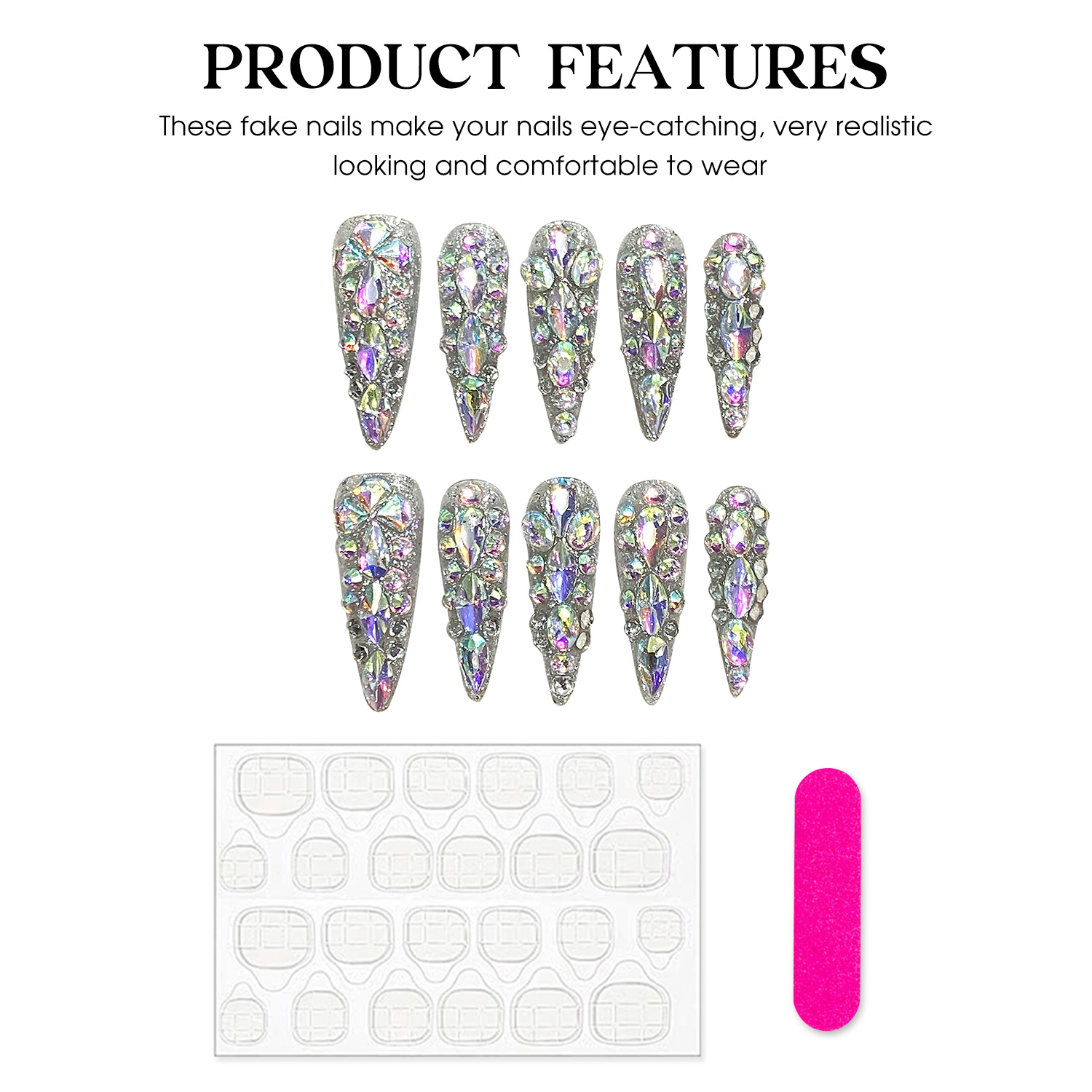 10pcs Handmade กดบนเล็บยาว Sti - Nail Art French บทวิจารณ์และราคา